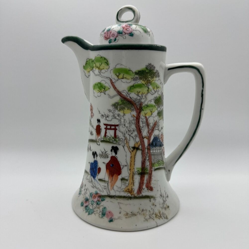 Vintage Japanese Porcelain Chocolate Pot Geisha Pagoda Scene Made in Japan 9.5"